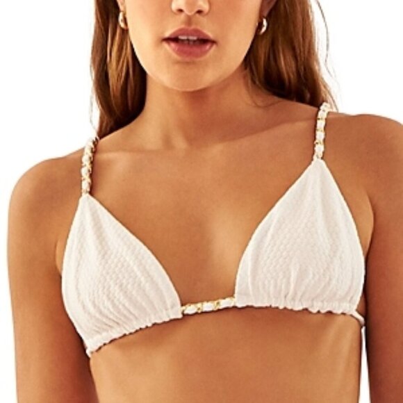AQUAMANILE Heather Chain Trim Triangle Swim Bikini Top Bra Size L White - Picture 1 of 3
